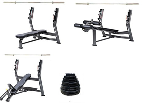 อุปกรณ์ฝึกกล้ามเนื้อแบบบาร์เบล 3 สถานี พร้อมชุดยกน้ำหนักรวม 150 กิโลกรัม