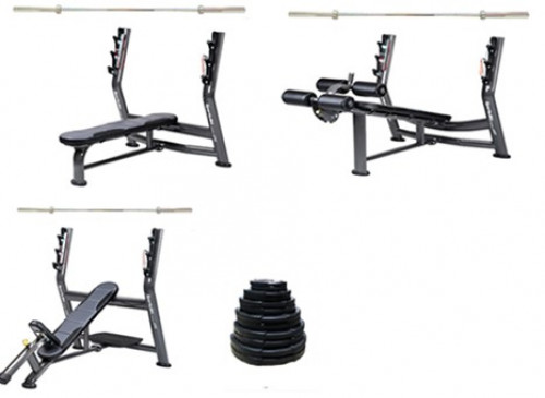 อุปกรณ์ฝึกกล้ามเนื้อแบบบาร์เบล 3 สถานี พร้อมชุดยกน้ำหนักรวม 150 กิโลกรัม